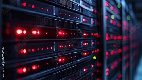 Black server racks with red power indicators blinking