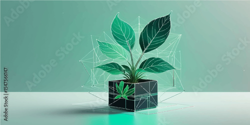 Green leafy plant in a decorative glass jar or box, perfect for nature-inspired designs and eco-friendly illustrations