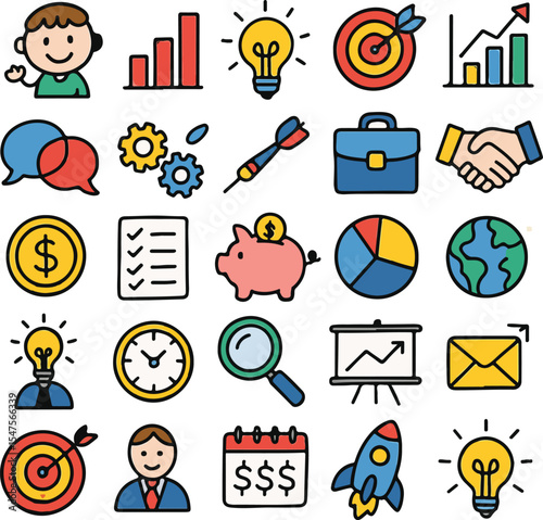 Collection of hand drawn business icons with transparent background design