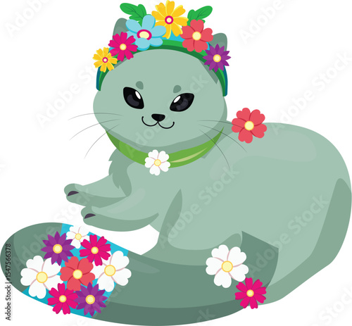 Adorable Gray Cat Adorned with Vibrant Floral Headpiece and Tail