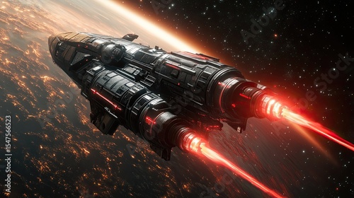 Black spacecraft with red glowing propulsion system