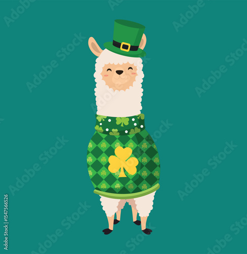 Adorable Llama in Festive St. Patrick's Day Outfit Green Sweater and Leprechaun Hat