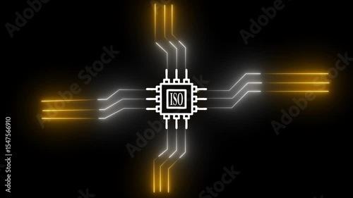 AI-Powered Digital Circuit Board Communication – Glowing Neon ISO and Data Transmission Concept on Black Background