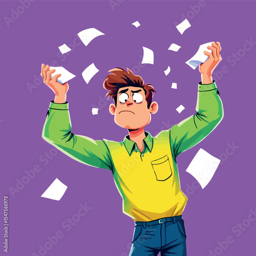 Vsai stressed office worker throwing papers in the air with frustration on purple background