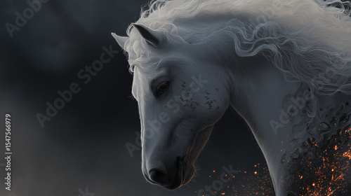 Majestic white horse with flowing mane stands against dark, dramatic background, with sparks and ash flying beneath its hooves, creating mystical and powerful scene