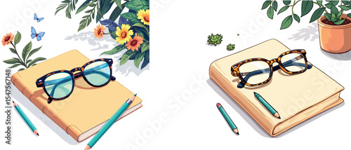 Vsai eyeglasses resting on book with pencils and plants nearby, embracing the back to school vibe