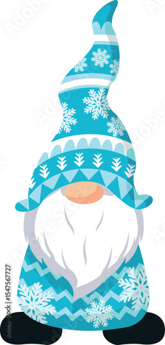 Adorable Blue Winter Gnome with Snowflake Pattern Hat and Sweater Illustration