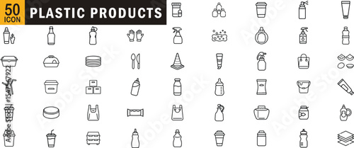 Plastic products editable outline icon set. Packaging bottle container straw bag utensil single-use item plasticware.
