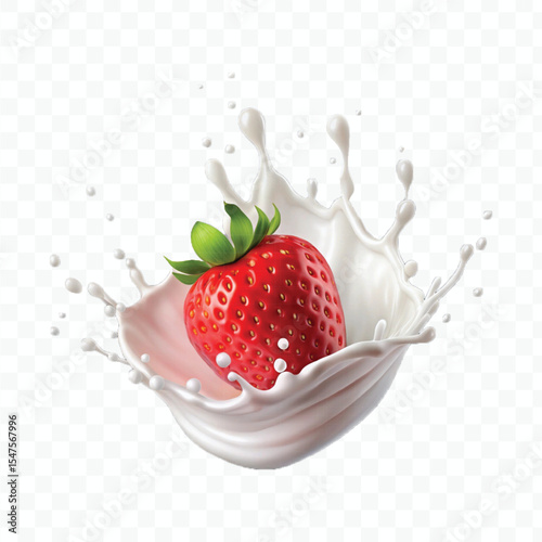 realistic 3d strawberry falling into milk splash isolated on transparent background