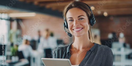 Porträt einer jungen Geschäftsfrau im Büro. Glückliche Führungskraft, lächelnde Geschäftsfrau, Unternehmerin, Firmenmanagerin, blickt mit einem Tablet in die Kamera. Sie trägt ein Headset. 