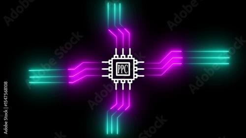 AI-Powered Digital Circuit Board Communication – Glowing Neon PPC and Data Transmission Concept on Black Background