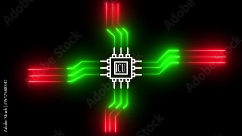 AI-Powered Digital Circuit Board Communication – Glowing Neon ISO and Data Transmission Concept on Black Background