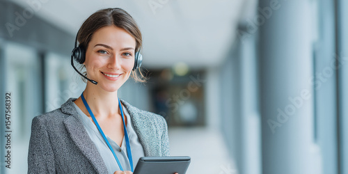 Porträt einer jungen Geschäftsfrau im Büro. Glückliche Führungskraft, lächelnde Geschäftsfrau, Unternehmerin, Firmenmanagerin, blickt mit einem Tablet in die Kamera. Sie trägt ein Headset. 