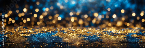 Sparkling Gold and Blue Glitter Background with Defocused Lights