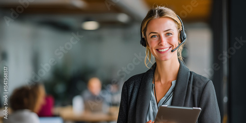 Porträt einer jungen Geschäftsfrau im Büro. Glückliche Führungskraft, lächelnde Geschäftsfrau, Unternehmerin, Firmenmanagerin, blickt mit einem Tablet in die Kamera. Sie trägt ein Headset. 