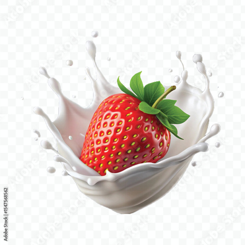 realistic 3d strawberry falling into milk splash isolated on transparent background