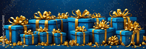 Festive Collection of Blue Gift Boxes with Gold Ribbons and Confetti