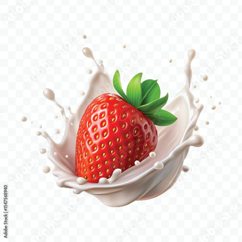 realistic 3d strawberry falling into milk splash isolated on transparent background