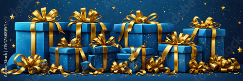 Festive Blue Gift Boxes with Gold Ribbons and Confetti on Dark Blue Background