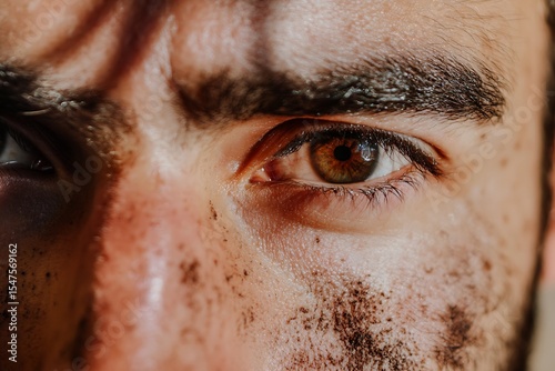 Determination in the Gaze: The intense gaze of a man, his face etched with dirt and sweat, reflects unwavering determination and resilience.