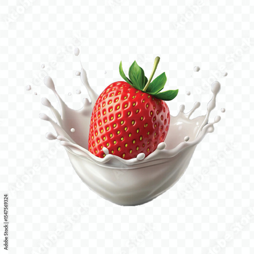 realistic 3d strawberry falling into milk splash isolated on transparent background
