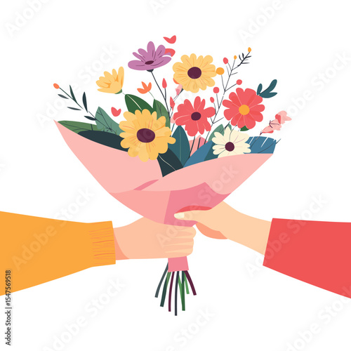 Flat illustration of hands exchanging a colorful flower bouquet pink warm art vector