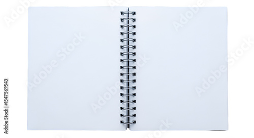 A top-view of an open spiral-bound notebook with white pages. photo