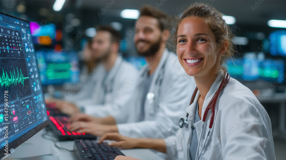 Happy female doctor working with a medical team, reviewing patient health data on digital monitors in a modern healthcare facility. Happy female doctor working with a medical team, reviewing patient health data on digital monitors in a modern healthcare facility.