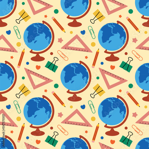Seamless Education Pattern with Globes and School Supplies. Ideal for educational themes, school projects, or academic backgrounds.