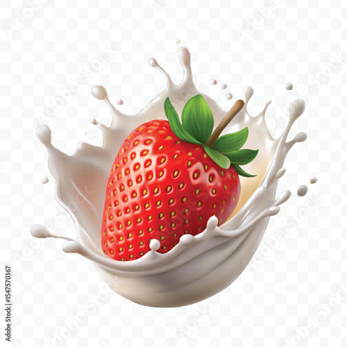 realistic 3d strawberry falling into milk splash isolated on transparent background