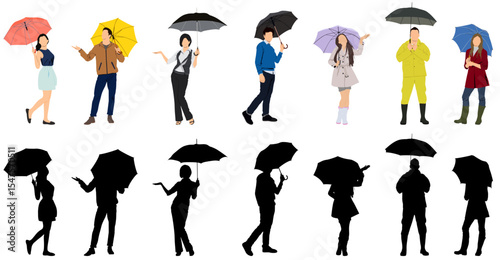 People with umbrella in rainy day. Man and woman in raincoat under rain vector flat characters isolated