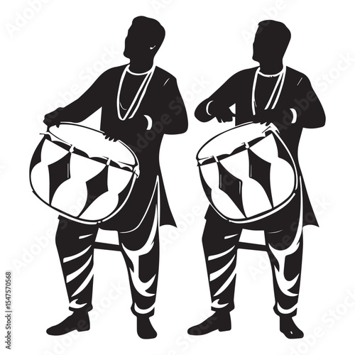 Two men playing dhol drums in traditional attire