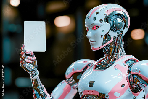 Futuristic humanoid robot holding blank sign in a high-tech environment