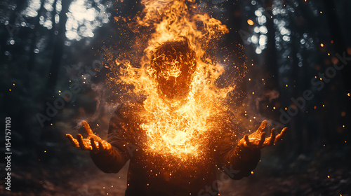 Enigmatic figure engulfed in flames amidst a dark forest displaying intense power and mystical aura fire manipulation concept