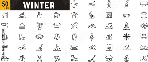 Winter outline icon set. Cold snow weather snowflake mountain tree skiing holiday fireplace glove.
