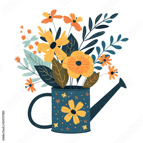 Flowers and green leaves arranged in a watering can flower art illustration vector