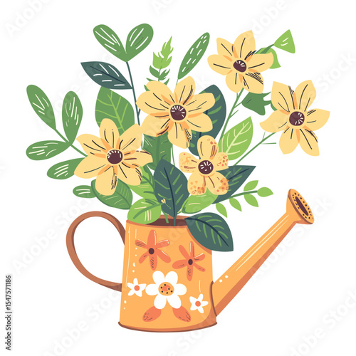 Flowers and green leaves arranged in a watering can flowers illustration art vector