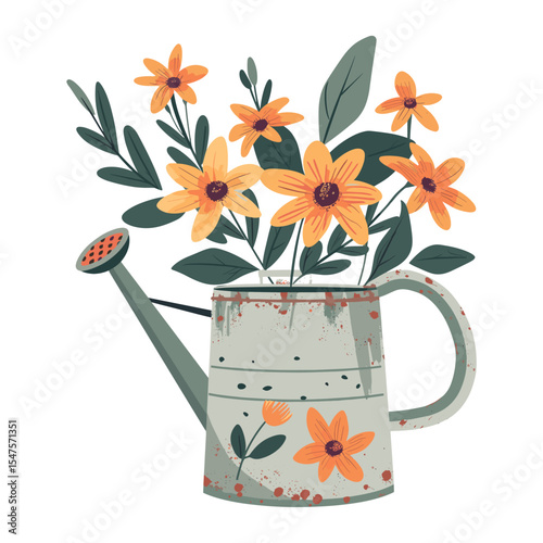 Flowers and green leaves arranged in a watering can flowers illustration art vector