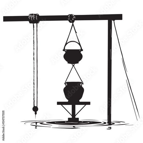 Simple black and white illustration of a well with buckets
