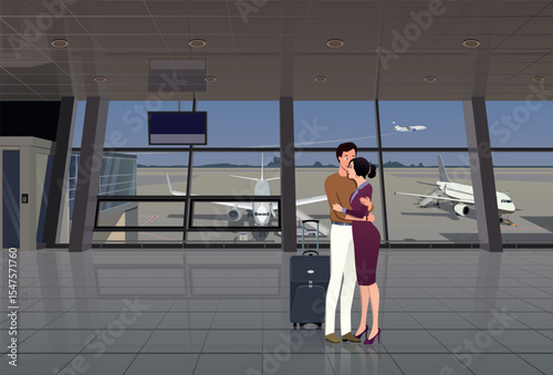 Meeting of a young couple at the airport terminal. Vector.