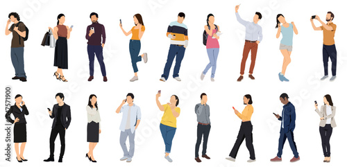 People using phones collection - Set of character illustrations with men and women talking and using smartphones while standing and walking. Flat design vector on white background 