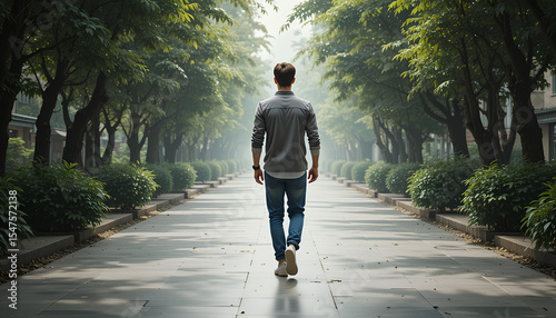 Portrait of a Young Man Walking Back View