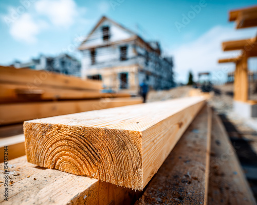Close-up of wooden beam at a construction site with a house in the background photo