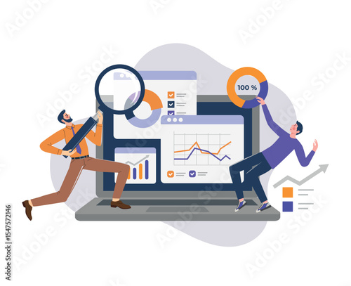 Business analytics concept with people analyzing charts and statistics on a laptop screen. Teamwork, data visualization, performance metrics, and growth strategy. Flat vector illustration.