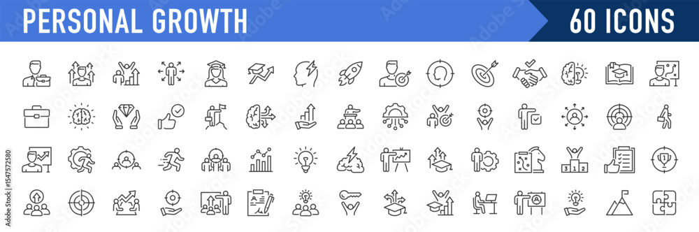 Naklejka premium Personal growth web icons in line style. Growth profit, career progress, business people, strategy, coaching, tutorship, collection. Vector illustration.