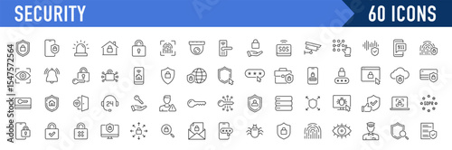 Security web icons in line style. Guard, cyber security, password, smart home, safety, data protection, key, shield, lock, unlock, eye access. Vector illustration.