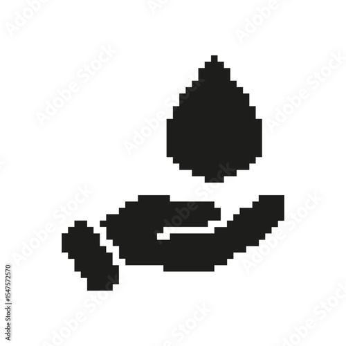Hand Holding Water Drop Pixel Art Icon. Water Conservation, Sustainability, And Environmental Protection Symbol. Eco-Friendly Practices. Isolated Vector Illustration