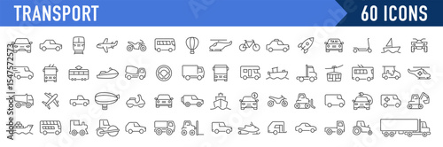 Transport and vehicle web icons in line style. Cars, airplane, bus, parking, travel, train, bike, scooter, truck, helicopter, collection. Vector illustration.