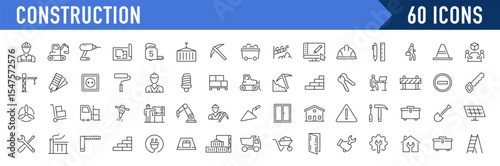 Construction web icons in line style. Building, engineer, business, road, repair tools, equipment, helmet, crane, builder, industry collection. Vector illustration.