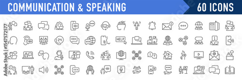 Communication and speaking web icons in line style. Chat, speech bubble, talking, point, chat, support, message, phone, globe, call, info collection. Vector illustration.